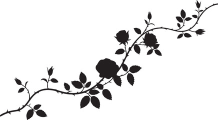 Black silhouette of a rose vine with buds and leaves