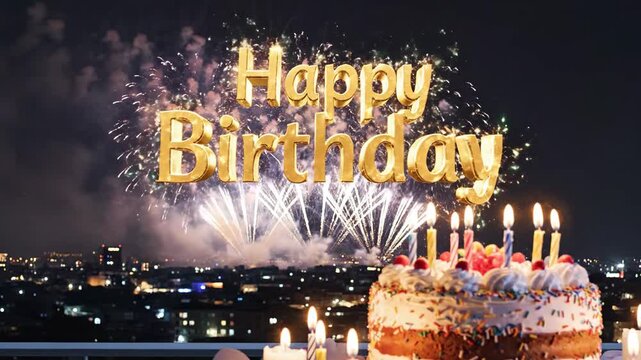 Birthday celebration scene with Happy Birthday gold letters, cakes with lit candles, and fireworks exploding in the night sky over a cityscape.