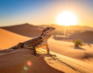 Lizard basks on desert dune as the sun sets over the landscape