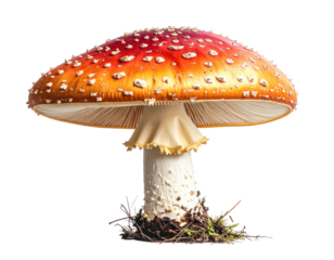 Vivid mushroom with red cap and white spots, isolated on black