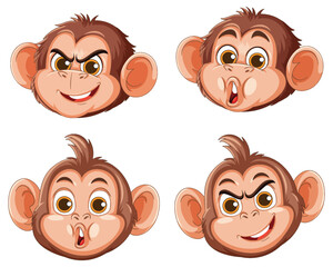 Cartoon Monkey Faces with Four Expressive Emotions