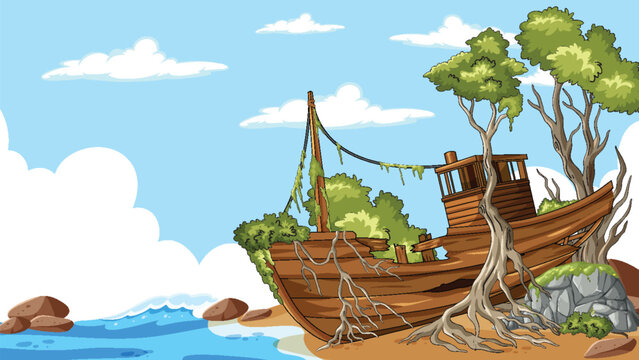 Abandoned Wooden Shipwreck Overtaken by Coastal Trees