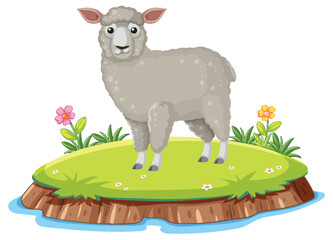 Gray Sheep Standing on Grassy Island with Flowers
