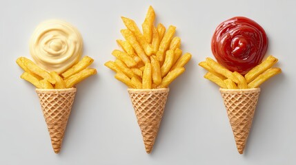 Unique cones filled with golden fries and topped with creamy sauces, offering a playful twist on traditional snacks.