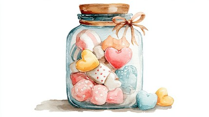 A colorful jar filled with heart-shaped marshmallows, featuring pastel colors and a decorative bow, evoking a sweet, nostalgic vibe.