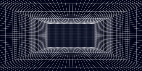 Room projection grid in futuristic 3d style. Outline futuristic grid background, room projection. Wireframe grid template in perspective view