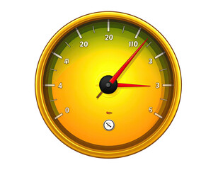 Shiny golden-rimmed gauge with yellow face, red needles, showing readings