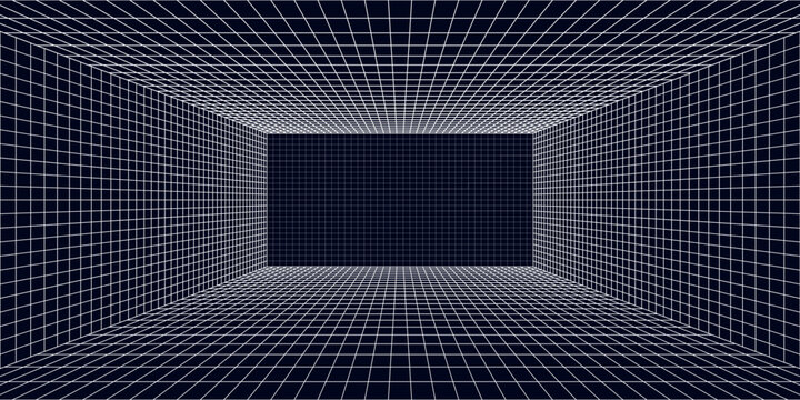 Room projection grid in futuristic 3d style. Outline futuristic grid background, room projection. Wireframe grid template in perspective view