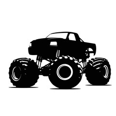 Obraz premium Monster Truck Big Wheels Extreme Vehicle Black Silhouette Vector Icon Isolated on White Background for Offroad Design