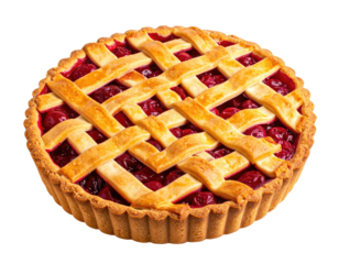 Baked fruit dessert with lattice crust, close-up on a black background