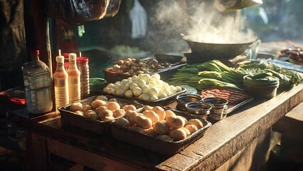 A bustling food stall preparing various ingredients, including fresh vegetables, fried items, and sauces, with a steaming pot in the background.