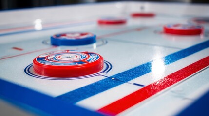 Close-up of a tabletop game featuring pucks. The white surface has red and blue stripes. Pucks are scattered around