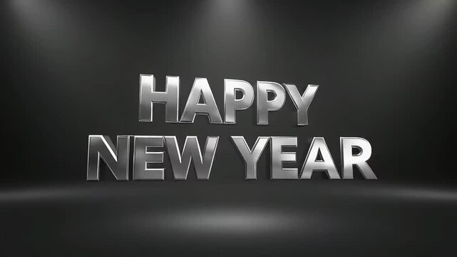 Phrase happy new year in shiny silver letters. Suitable for new years eve party invitations, celebratory banners, social media posts.

