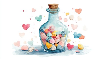 A glass bottle filled with colorful, heart-shaped candies, surrounded by floating hearts, creating a whimsical and romantic atmosphere.