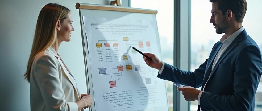 Business meeting in a modern office with professionals discussing strategy at a flipchart, camera slowly pans as natural light flickers through the windows, cinematic style.