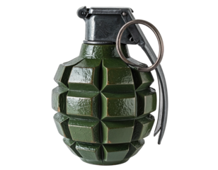Close-up of a green hand grenade with a safety pin and pull ring