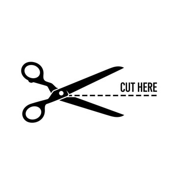Scissors Cutting Line Cut Here Guide Black Silhouette Vector Icon Isolated on White Background for Packaging Design