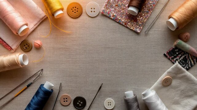 Sewing supplies and threads arranged on a beige fabric background, ideal for crafting and DIY projects