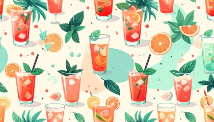 A vibrant pattern of refreshing drinks with fruit, ice, and garnishes, a fun design