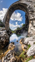 Stone arch bridge over tranquil waters, surrounded by rocks & vegetation under a sky dotted with fluffy clouds