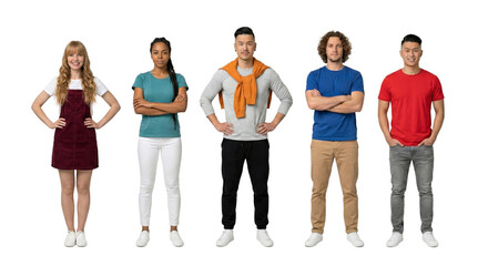 Fototapeta premium diverse group of five young adults standing confidently on a plain black background isolated