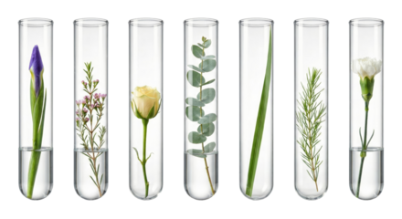 Collection of various preserved botanical specimens in transparent test tubes isolated on a white