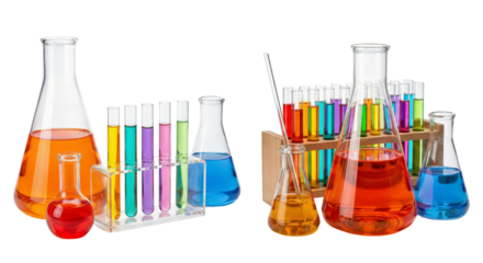 Scientific laboratory glassware with colorful liquids and test tubes isolated on transparent