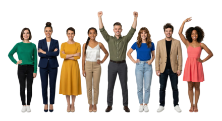 Diverse group of confident young professionals standing together on isolated transparent background