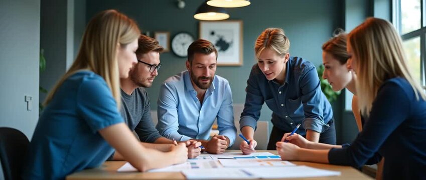 Collaborative team brainstorming in a modern office; people engaged in discussion, papers and pens in hand; camera slowly pans across the room; ambient light flickers; cinematic style.