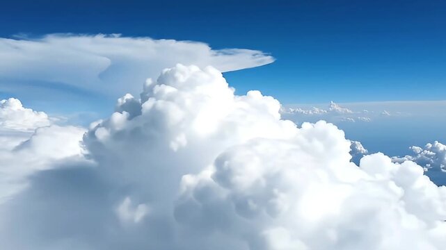 A breathtaking aerial view showcases an endless expanse of majestic, fluffy white clouds under a brilliant, clear blue sky. The golden sunlight softly illuminates the voluminous cumulus formations, hi