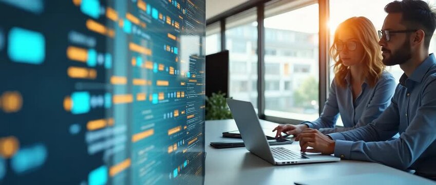 Professionals collaborate on a laptop with dynamic code reflections, slow camera pan, and ambient office light shift, creating a cinematic tech-focused teamwork scene.