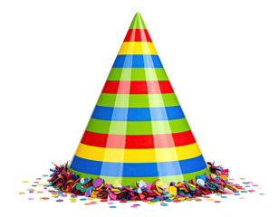 Brightly colored party hat atop confetti, set against black