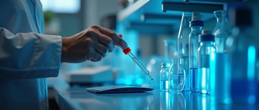 Scientists in protective gear conduct research in a modern laboratory; the camera gently tracks across the room, capturing ambient light flickers in a professional, cinematic style.