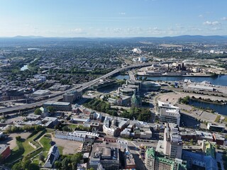 Fototapeta premium Aerial view of Chateau Frontenac and St Lawrence River in Quebec City, Canada on sunny day. g.