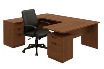 U-shaped executive desk workstation with drawers and a modern black ergonomic office chair on transparent background
