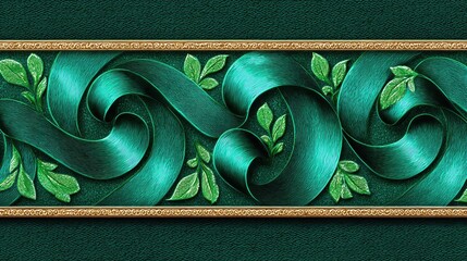 Elegant emerald ribbons intertwined with delicate leaves, perfect for decorative designs and artistic projects.