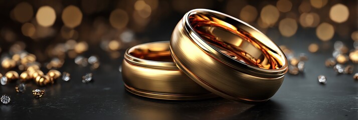 Elegant golden wedding rings on a dark surface, symbolizing love and commitment, surrounded by sparkling decorations.
