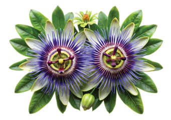 Passion Flower Radial Display: Exotic passion flower vine with large radial blooms in purple, white, and blue, dramatic symmetrical composition, detailed corona filaments, lush green leaves, PNG style