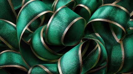 Elegant green ribbon with metallic gold accents, perfect for crafting and decorating occasions or gifts.