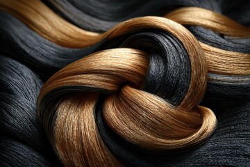 Elegant knot of luxurious hair, showcasing a blend of rich black and golden hues, creating an artistic texture.