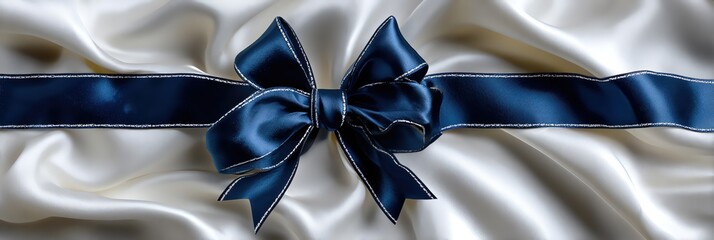 Elegant navy blue satin ribbon with a beautiful bow on soft cream fabric, perfect for gifts and decorations.