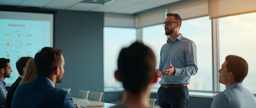 Confident business professional presents in modern conference room, animated gestures enhance engagement, while camera smoothly pans across attentive audience, capturing cinematic corporate dynamics.