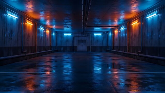 Empty square room with Industrial Futuristic Blue Orange Lights Cement Grunge Concrete Glossy Dark Underground Parking Garage