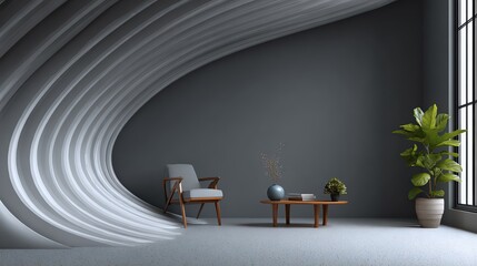 Stylish modern interior with curved walls, a chair, table, and plant, creating a serene and inviting atmosphere.