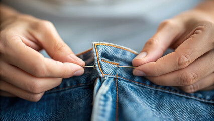 Sewing denim fabric with needle and thread shows hyper focus and authenticity craftsmanship creating durable clothing with detailed stitching