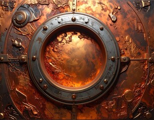 Steampunk portal view of metallic, aged, textured and rusted spaceship hatch with bolted frame and a bright warm light source