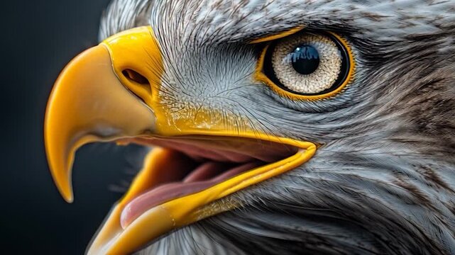 Close up of a bald eagles head with open beak.