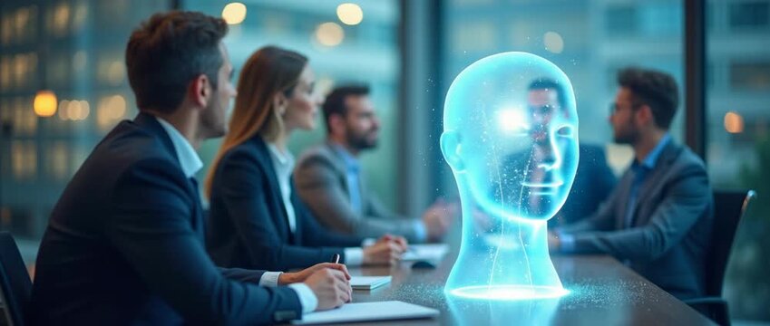 Innovative business meeting with a holographic head display, executives engaged in discussion; camera gently pans across the table, while ambient light flickers, in a cinematic style.