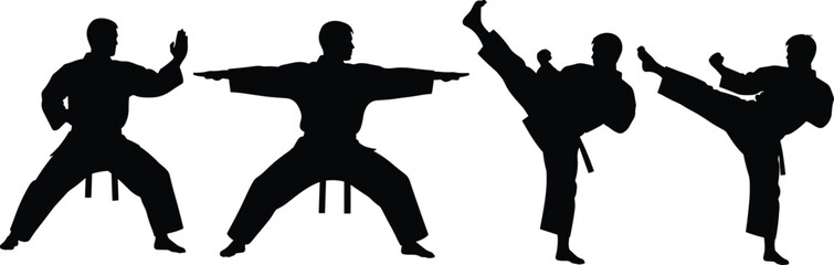 Dynamic black silhouettes of martial arts fighters performing high kicks and karate stances, isolated vector set for sports logo design. © its
