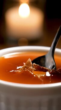 Cr&egrave;me Br&ucirc;l&eacute;e Dessert Spoon Scoop Vertical Video Romantic Setting